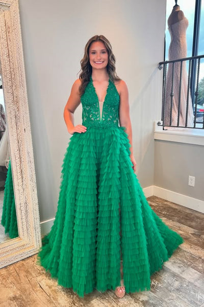 Halter V Neck Ruffle Green Lace Long Prom Dress with High Slit, Green Lace Formal Dress, Green Evening Dress