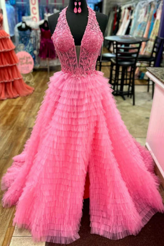 Halter V Neck Ruffle Tiered High Slit Pink Lace Long Prom Dress, Pink Lace Formal Graduation Evening Dress A2272