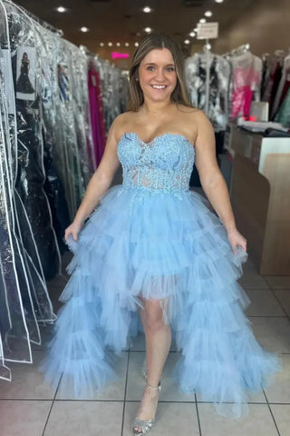 High Low Strapless Light Blue Lace Long Prom Dress, High Low Blue Formal Evening Dress, Ball Gown A2274