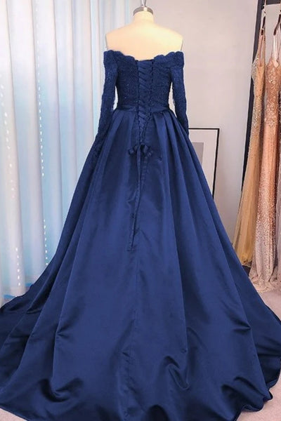 Long Sleeves V Neck Navy Blue Lace Long Prom Dress, Navy Blue Lace Formal Evening Dress, Navy Blue Ball Gown A2225