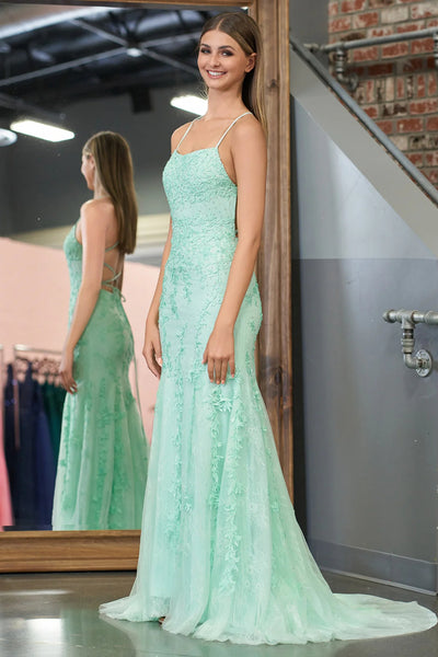 Mermaid Backless Green Lace Long Prom Dress, Mermaid Green Formal Dress, Green Lace Evening Dress A2293