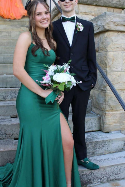 Mermaid Backless Green Satin Long Prom Dress, High Slit Green Formal Graduation Evening Dress A2290