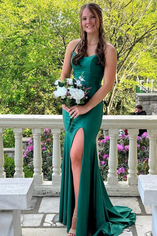 Mermaid Backless Green Satin Long Prom Dress, High Slit Green Formal Graduation Evening Dress A2290