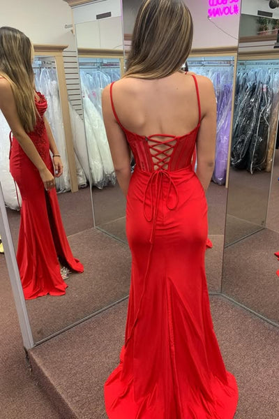 Mermaid High Slit Red/Black Lace Long Prom Dress with Appliques, Red/Black Satin Formal Graduation Evening Dress A2312