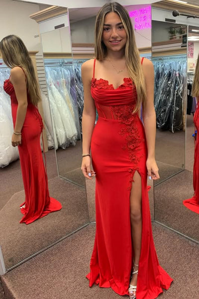 Mermaid High Slit Red/Black Lace Long Prom Dress with Appliques, Red/Black Satin Formal Graduation Evening Dress A2312