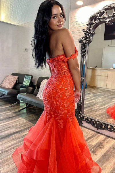 Mermaid Off the Shoulder Orange Lace Long Prom Dress, Off the Shoulder Orange Formal Dress, Orange Lace Evening Dress A2308