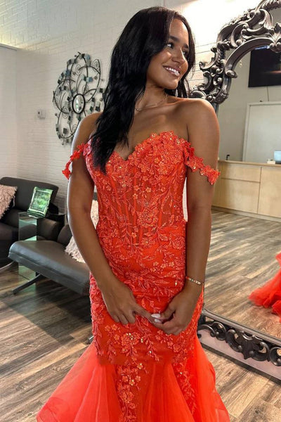 Mermaid Off the Shoulder Orange Lace Long Prom Dress, Off the Shoulder Orange Formal Dress, Orange Lace Evening Dress A2308