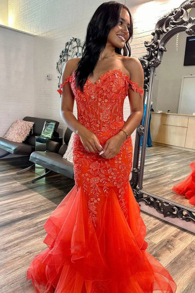 Mermaid Off the Shoulder Orange Lace Long Prom Dress, Off the Shoulder Orange Formal Dress, Orange Lace Evening Dress A2308