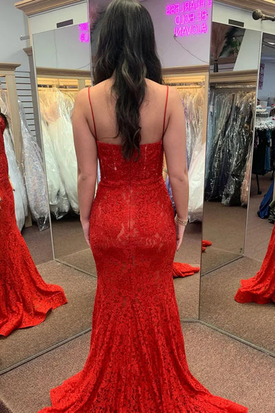 Mermaid Red Lace Long Prom Dress, Mermaid Red Formal Dress, Red Lace Evening Dress A2305