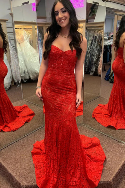 Mermaid Red Lace Long Prom Dress, Mermaid Red Formal Dress, Red Lace Evening Dress A2305