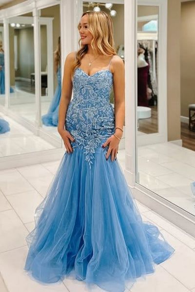 Mermaid Spaghetti Straps Blue Lace Long Prom Dress, Blue Lace Formal Dress, Mermaid Blue Evening Dress A2286