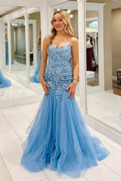 Mermaid Spaghetti Straps Blue Lace Long Prom Dress, Blue Lace Formal Dress, Mermaid Blue Evening Dress A2286