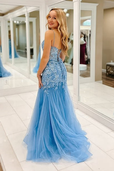 Mermaid Spaghetti Straps Blue Lace Long Prom Dress, Blue Lace Formal Dress, Mermaid Blue Evening Dress A2286