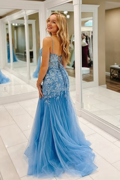 Mermaid Spaghetti Straps Blue Lace Long Prom Dress, Blue Lace Formal Dress, Mermaid Blue Evening Dress A2286