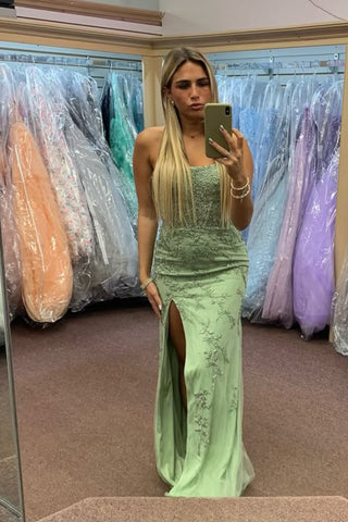 Mermaid Strapless Sage Lace Long Prom Dress with High Slit, Mermaid Sage Formal Dress, Sage Lace Evening Dress