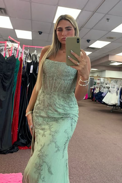 Mermaid Strapless Sage Lace Long Prom Dress with High Slit, Mermaid Sage Formal Dress, Sage Lace Evening Dress