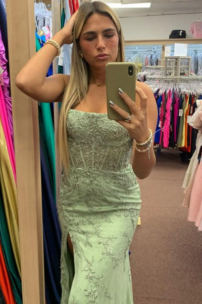 Mermaid Strapless Sage Lace Long Prom Dress with High Slit, Mermaid Sage Formal Dress, Sage Lace Evening Dress