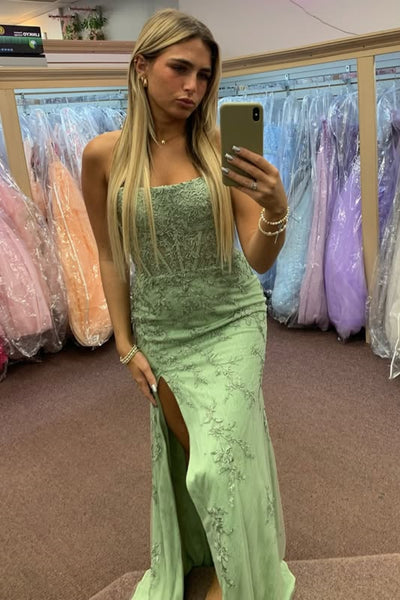 Mermaid Strapless Sage Lace Long Prom Dress with High Slit, Mermaid Sage Formal Dress, Sage Lace Evening Dress