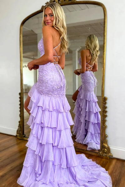 Mermaid V Neck Backless High Slit Lilac Lace Long Prom Dress, Mermaid Lilac Formal Dress, Lilac Lace Evening Dress A2299