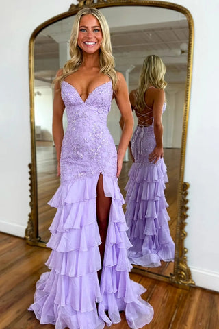 Mermaid V Neck Backless High Slit Lilac Lace Long Prom Dress, Mermaid Lilac Formal Dress, Lilac Lace Evening Dress A2299