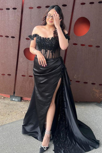 Off Shoulder Black/Burgundy Lace Sequins Long Prom Dress with High Slit, Black/Burgundy Lace Formal Graduation Evening Dress with Train A2257