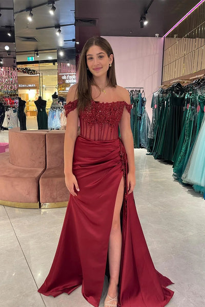 Off Shoulder Black/Burgundy Lace Sequins Long Prom Dress with High Slit, Black/Burgundy Lace Formal Graduation Evening Dress with Train A2257