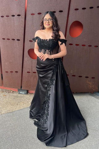 Off Shoulder Black/Burgundy Lace Sequins Long Prom Dress with High Slit, Black/Burgundy Lace Formal Graduation Evening Dress with Train A2257