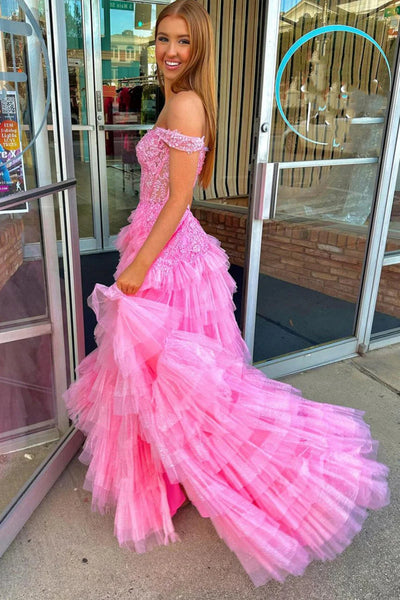 Off Shoulder Fluffy Hot Pink Lace Long Prom Dress with Slit, Hot Pink Lace Formal Dress, Lace Evening Dress A2212