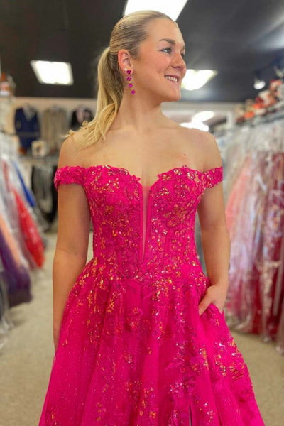 Off Shoulder Hot Pink Lace Long Prom Dress with High Slit, Off the Shoulder Hot Pink Formal Dress, Hot Pink Lace Evening Dress A2174