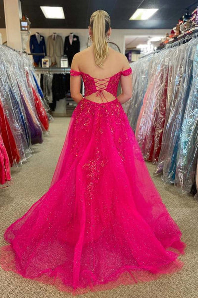 Off Shoulder Hot Pink Lace Long Prom Dress with High Slit, Off the Shoulder Hot Pink Formal Dress, Hot Pink Lace Evening Dress A2174