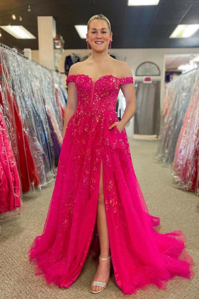 Off Shoulder Hot Pink Lace Long Prom Dress with High Slit, Off the Shoulder Hot Pink Formal Dress, Hot Pink Lace Evening Dress A2174