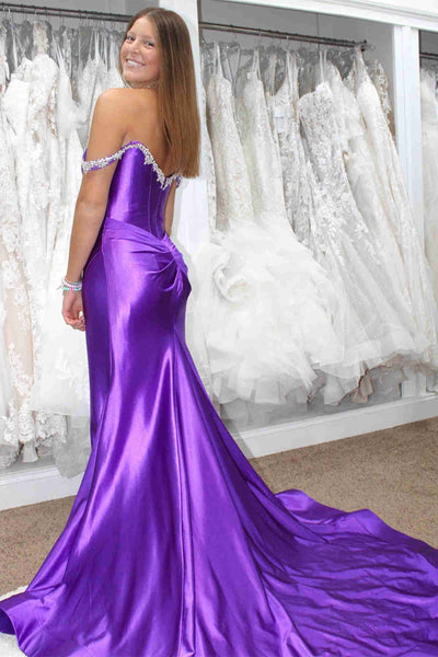 Off Shoulder Mermaid Beaded Purple/Yellow/Black Long Prom Dress, Mermaid Purple/Yellow/Black Formal Graduation Evening Dress with High Slit A2259