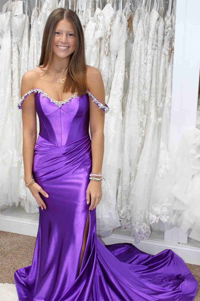 Off Shoulder Mermaid Beaded Purple/Yellow/Black Long Prom Dress, Mermaid Purple/Yellow/Black Formal Graduation Evening Dress with High Slit A2259