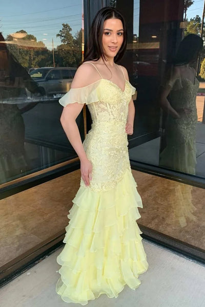 Off Shoulder Mermaid Yellow Lace Long Prom Dress, Layered Yellow Lace Formal Dress, Yellow Evening Dress A2253