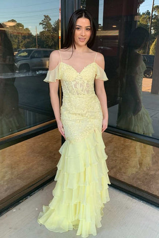 Off Shoulder Mermaid Yellow Lace Long Prom Dress, Layered Yellow Lace Formal Dress, Yellow Evening Dress A2253