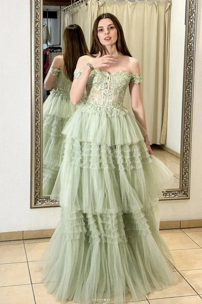 Off Shoulder Sage Lace Long Prom Dress, Layered Sage Lace Formal Dress, Long Sage Evening Dress A2217