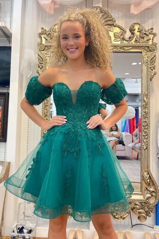 Off Shoulder Sweetheart Neck Green Lace Prom Dress, Short Green Lace Homecoming Dress A2200