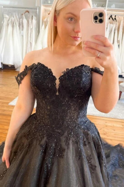 Off the Shoulder Black Lace Long Prom Dress, Black Lace Formal Dresses, Tulle Ball Gown A2275