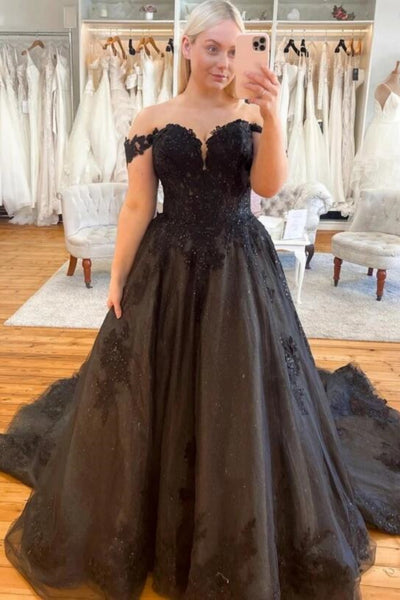 Off the Shoulder Black Lace Long Prom Dress, Black Lace Formal Dresses, Tulle Ball Gown A2275