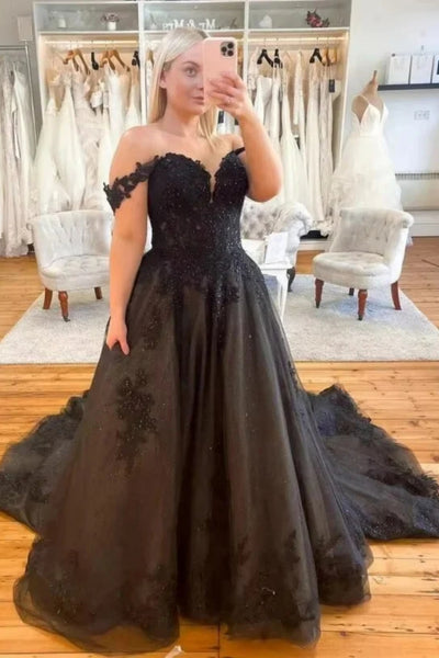 Off the Shoulder Black Lace Long Prom Dress, Black Lace Formal Dresses, Tulle Ball Gown A2275