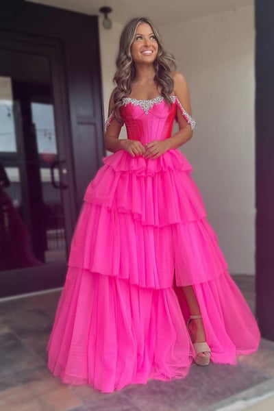 Off the Shoulder High Slit Beaded Hot Pink Long Prom Dress, Off the Shoulder Formal Dress, Hot Pink Evening Dress