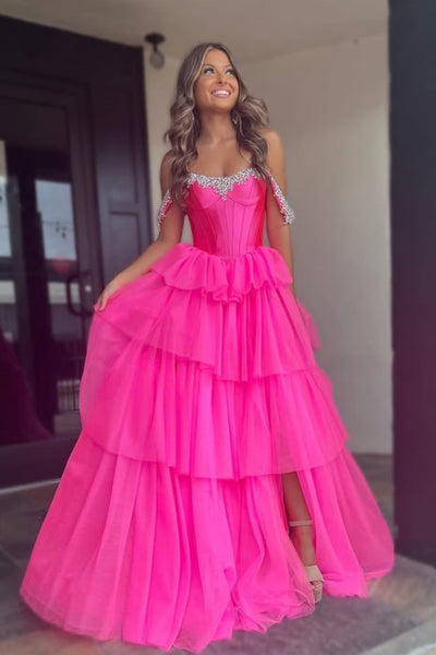 Off the Shoulder High Slit Beaded Hot Pink Long Prom Dress, Off the Shoulder Formal Dress, Hot Pink Evening Dress