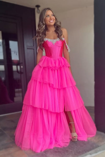 Off the Shoulder High Slit Beaded Hot Pink Long Prom Dress, Off the Shoulder Formal Dress, Hot Pink Evening Dress