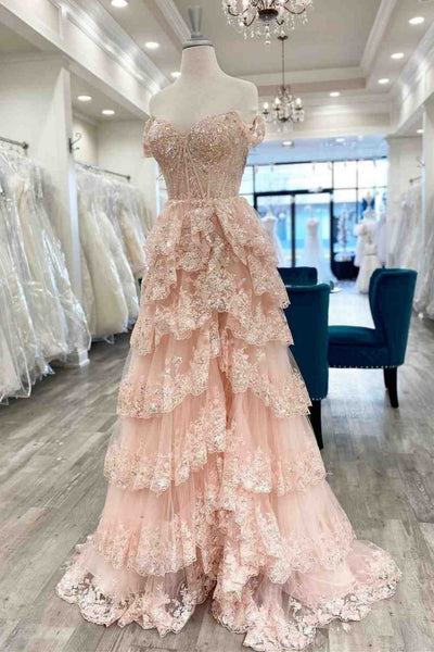 Off the Shoulder High Slit Pink Lace Long Prom Dress with Train, Off the Shoulder Pink Formal Dress, Pink Lace Evening Dress A2300