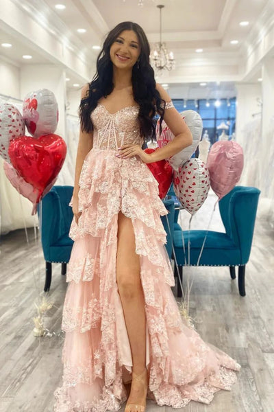 Off the Shoulder High Slit Pink Lace Long Prom Dress with Train, Off the Shoulder Pink Formal Dress, Pink Lace Evening Dress A2300