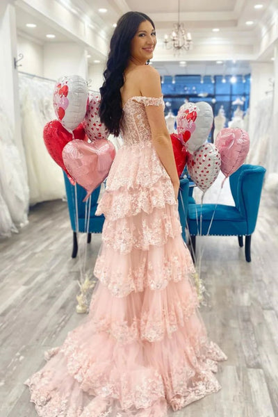 Off the Shoulder High Slit Pink Lace Long Prom Dress with Train, Off the Shoulder Pink Formal Dress, Pink Lace Evening Dress A2300