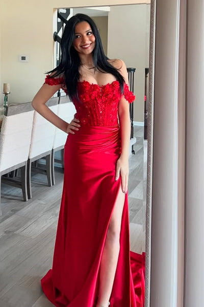 Off the Shoulder High Slit Red Lace Long Prom Dress, Off the Shoulder Red Formal Dress, Red Lace Evening Dress A2287