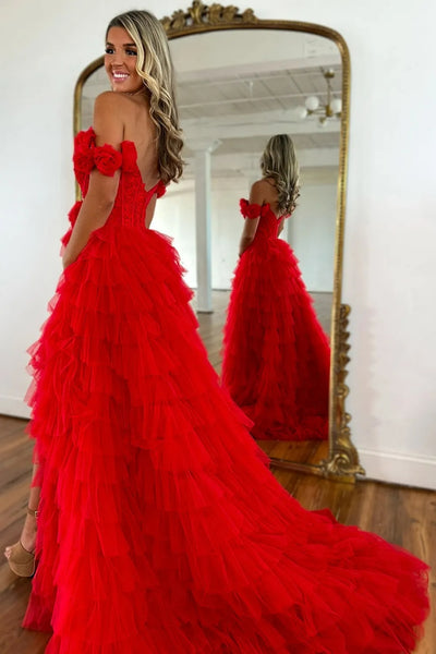 Off the Shoulder High Slit Red Lace Long Prom Dress, Red Lace Formal Dress, Red Evening Dress with Train A2298