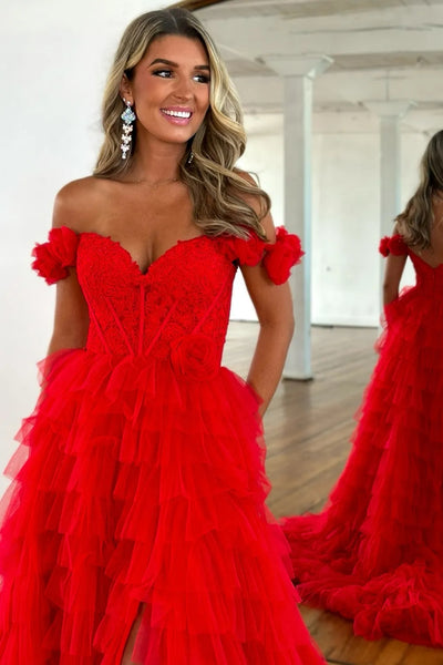 Off the Shoulder High Slit Red Lace Long Prom Dress, Red Lace Formal Dress, Red Evening Dress with Train A2298