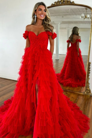 Off the Shoulder High Slit Red Lace Long Prom Dress, Red Lace Formal Dress, Red Evening Dress with Train A2298